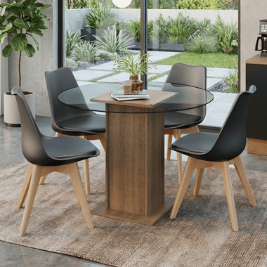 Conjunto Sala de Jantar Denali Mesa Tampo de Vidro 4 Cadeiras Rustic/Preto Madesa