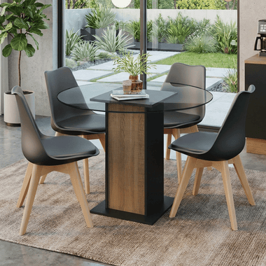 Conjunto Sala de Jantar Denali Mesa Tampo de Vidro 4 Cadeiras Preto/Rustic/Preto Madesa