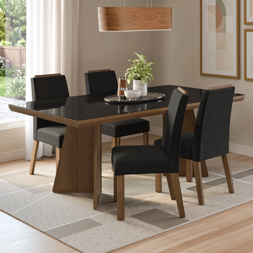 Conjunto Sala de Jantar Tampo com Vidro 4 Cadeiras Rustic/Preto/Oxford Todi Madesa