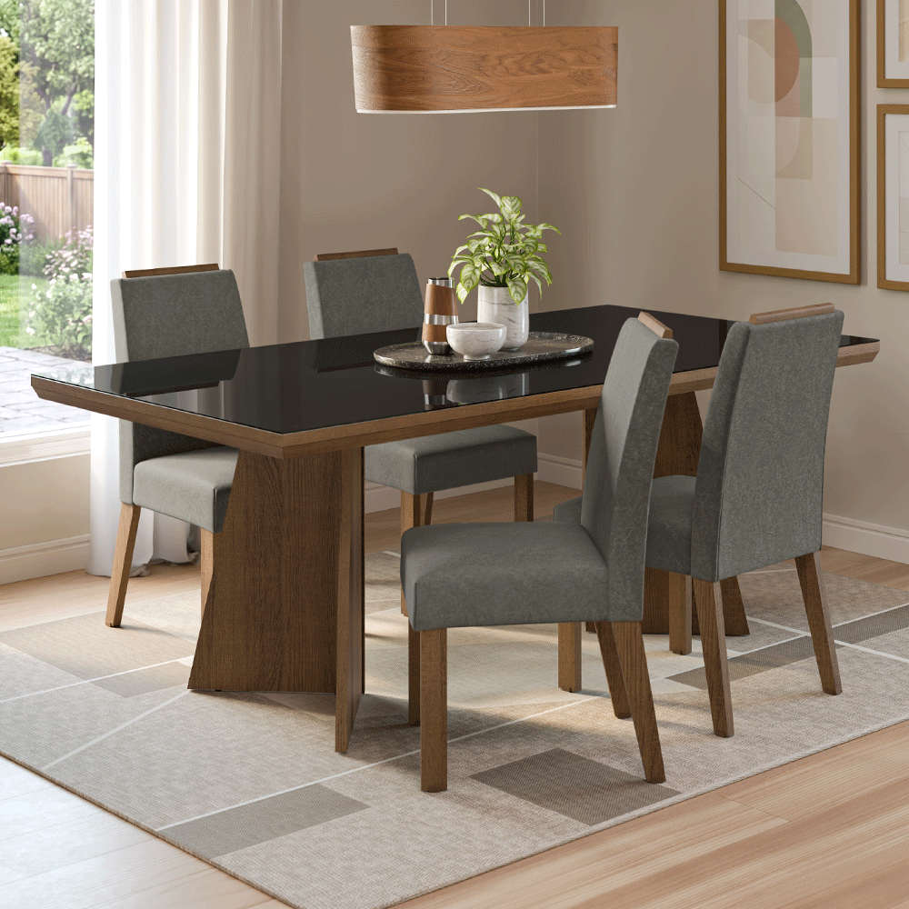 Conjunto Sala de Jantar Tampo com Vidro 4 Cadeiras Rustic/Preto/Silver Todi Madesa