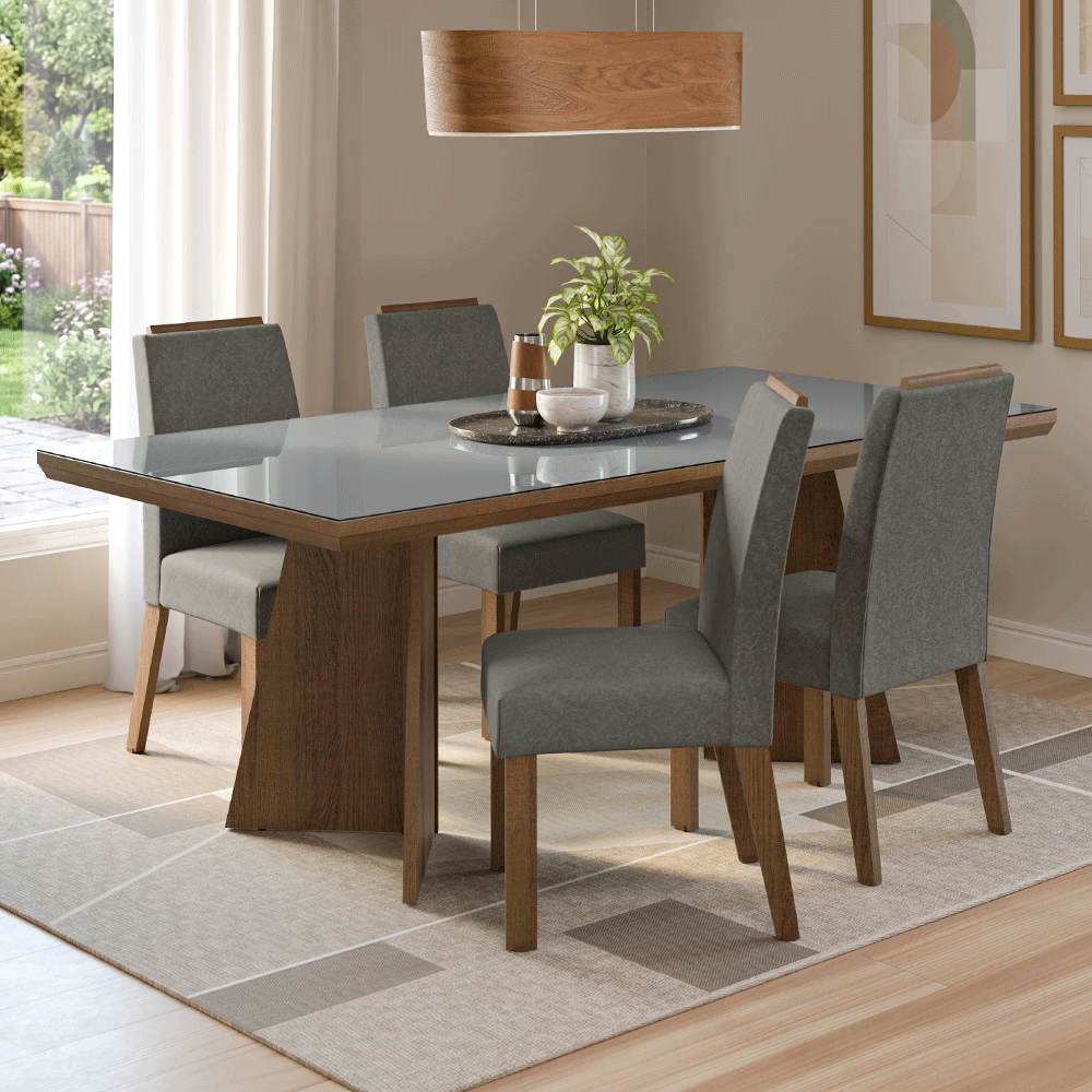 Conjunto Sala de Jantar Tampo com Vidro 4 Cadeiras Rustic/Cinza/Silver Todi Madesa