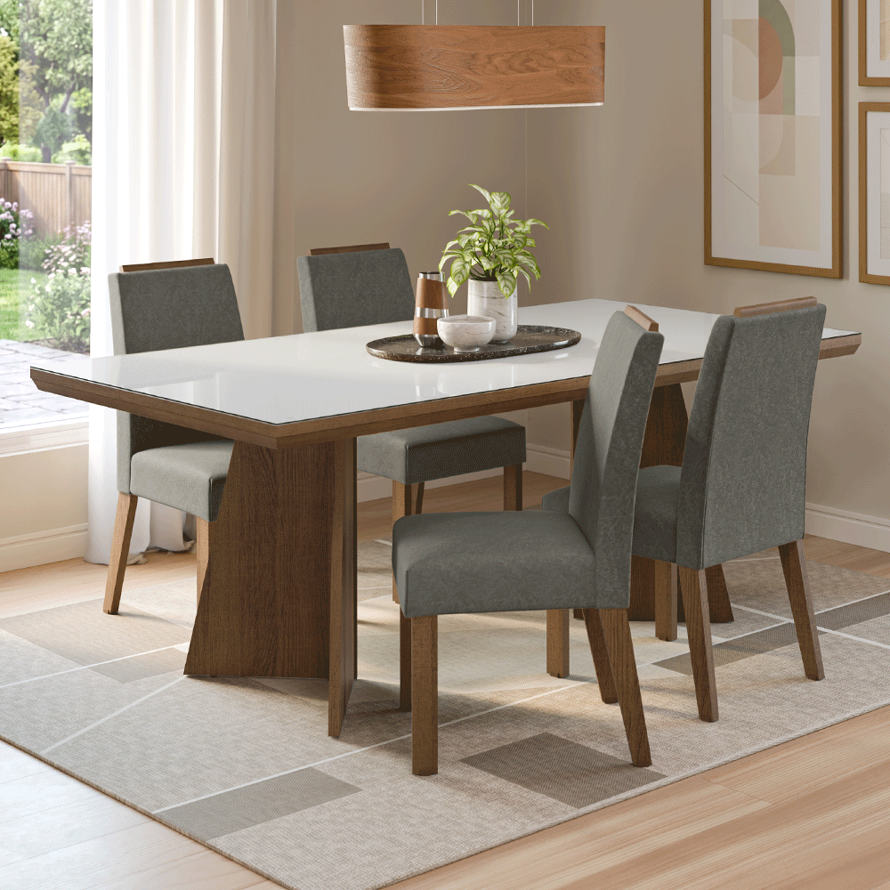 Conjunto Sala de Jantar Tampo com Vidro 4 Cadeiras Rustic/Branco/Silver Todi Madesa