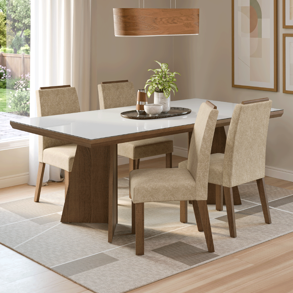 Conjunto Sala de Jantar Tampo com Vidro 4 Cadeiras Rustic/Branco/Imperial Todi Madesa