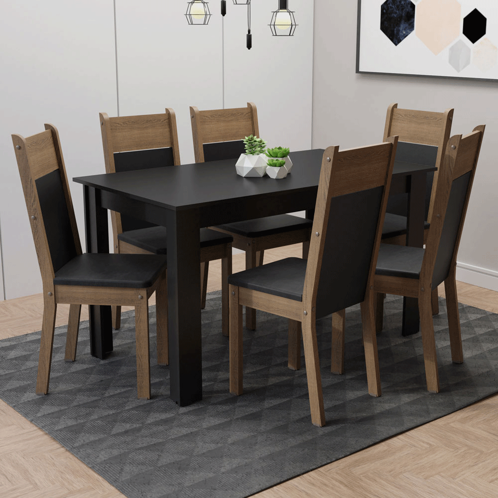 Conjunto Sala de Jantar Mesa Tampo de Madeira com 6 Cadeiras Preto/Rustic/Sintético Preto Madesa Medelin