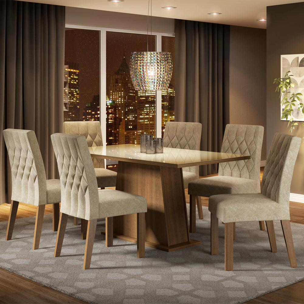Conjunto Sala de Jantar Madesa Rafaela Mesa Tampo de Vidro com 6 Cadeiras Rustic/Crema/Imperial