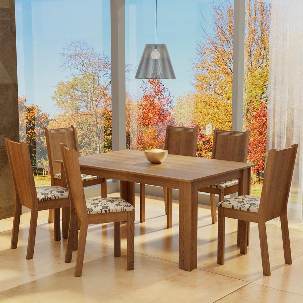 Conjunto Sala de Jantar Madesa Analu Mesa Tampo de Madeira com 6 Cadeiras Rustic/Bege Marrom