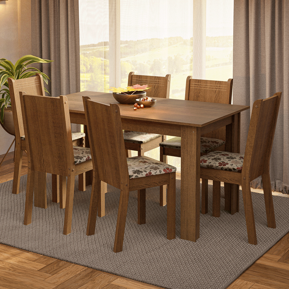 Conjunto Sala de Jantar Madesa Analu Mesa Tampo de Madeira com 6 Cadeiras Rustic/Floral Hibiscos