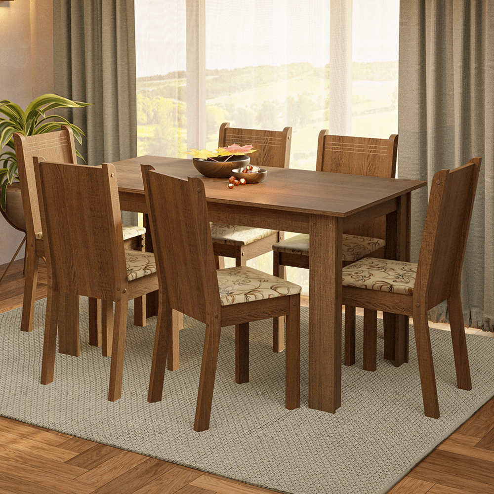 Conjunto Sala de Jantar Madesa Analu Mesa Tampo de Madeira com 6 Cadeiras Rustic/Lírio Bege