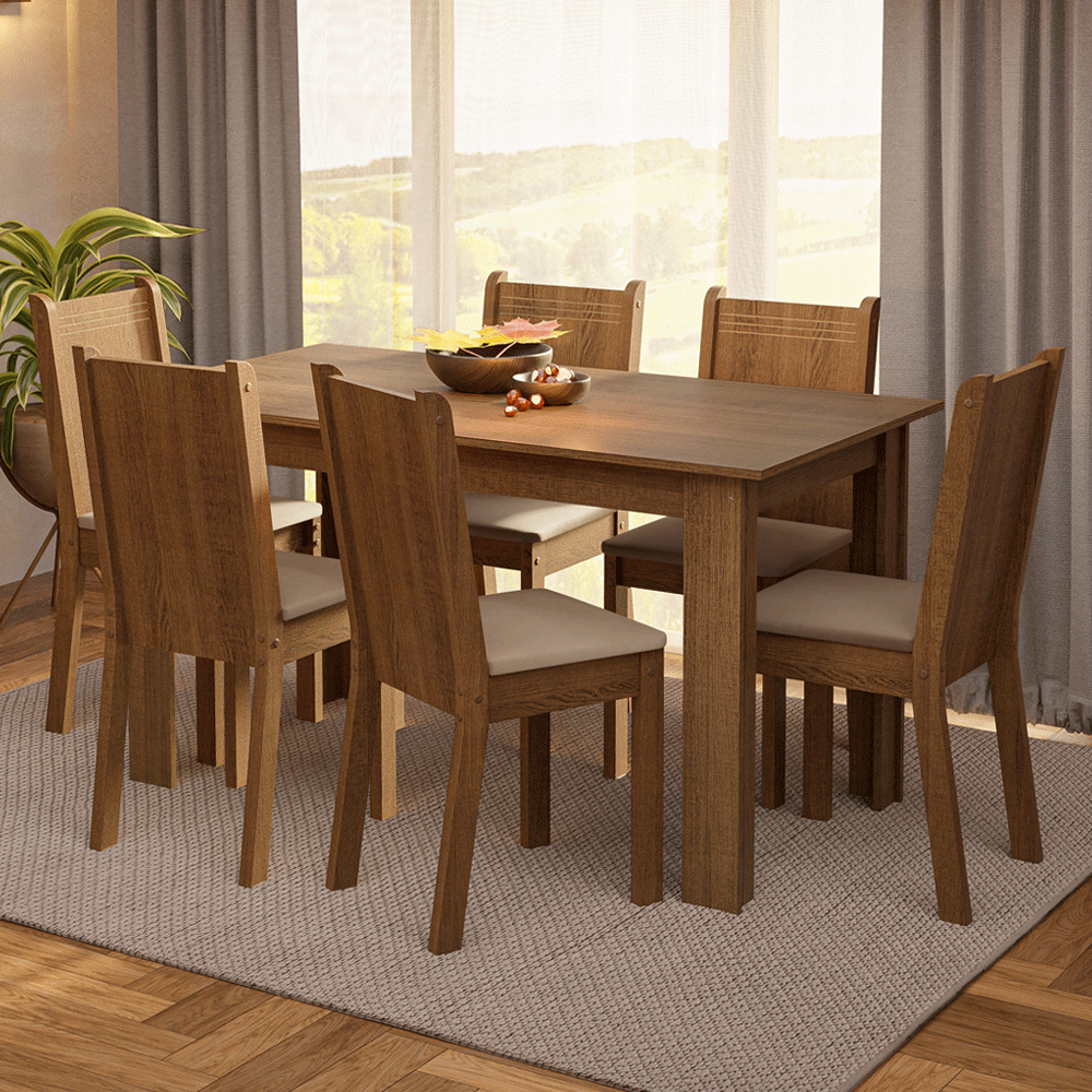 Conjunto Sala de Jantar Madesa Analu Mesa Tampo de Madeira com 6 Cadeiras Rustic/Sintético Bege