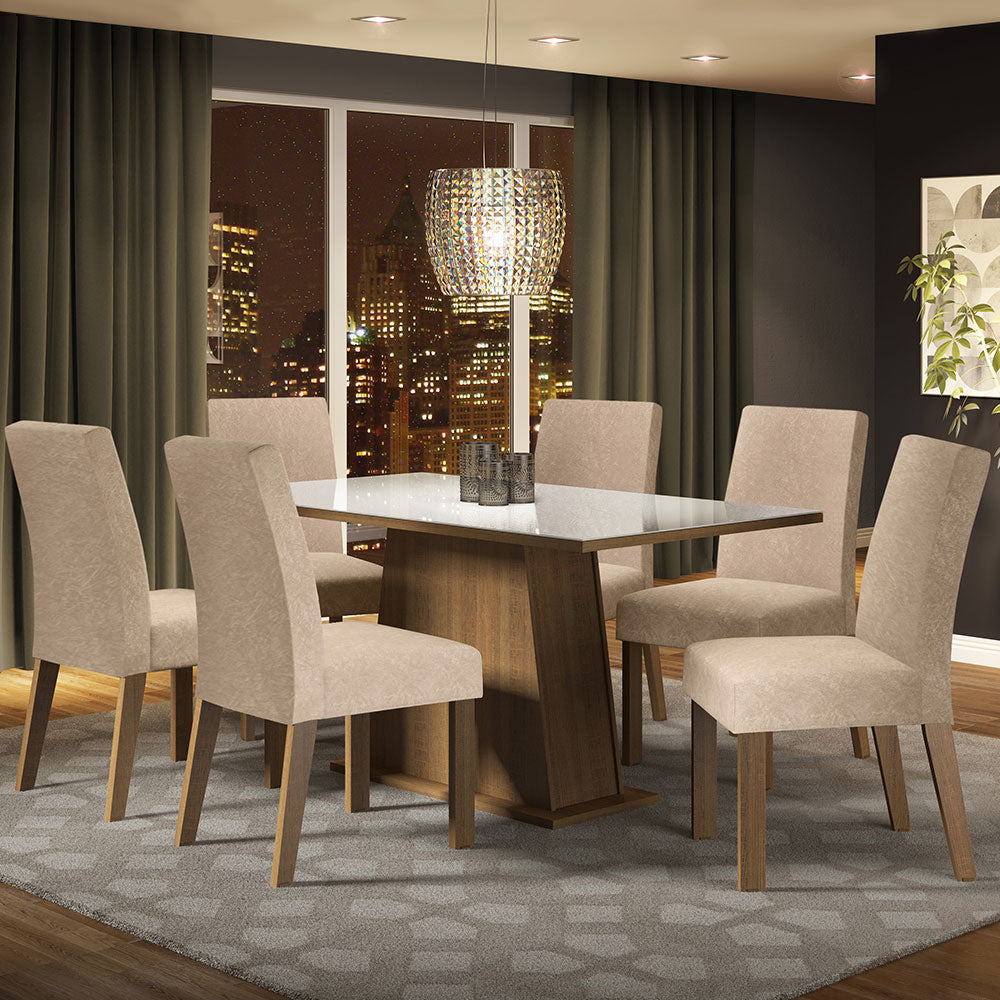 Conjunto Sala de Jantar Madesa Patricia Mesa Tampo de Vidro com 6 Cadeiras Rustic/Branco/Imperial