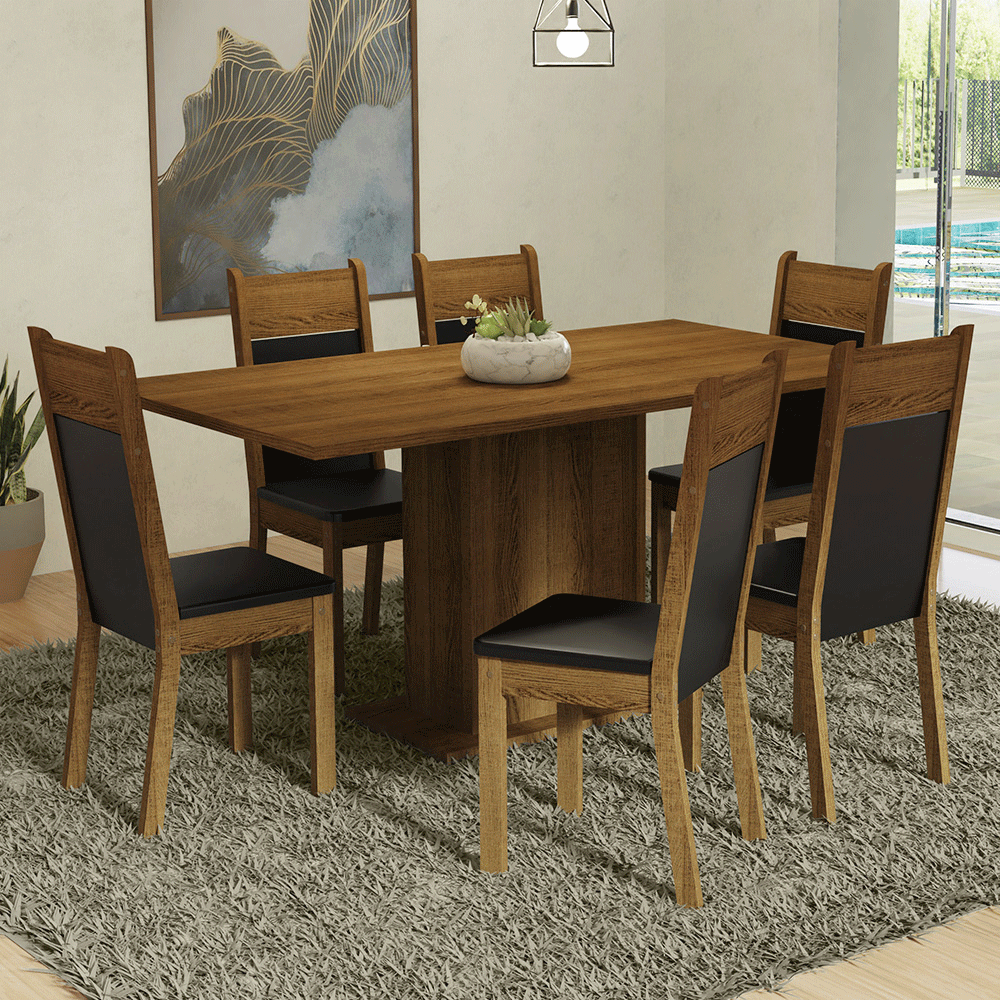 Conjunto Sala de Jantar Mesa Tampo de Madeira 6 Cadeiras Rustic/Preto Augusta Madesa