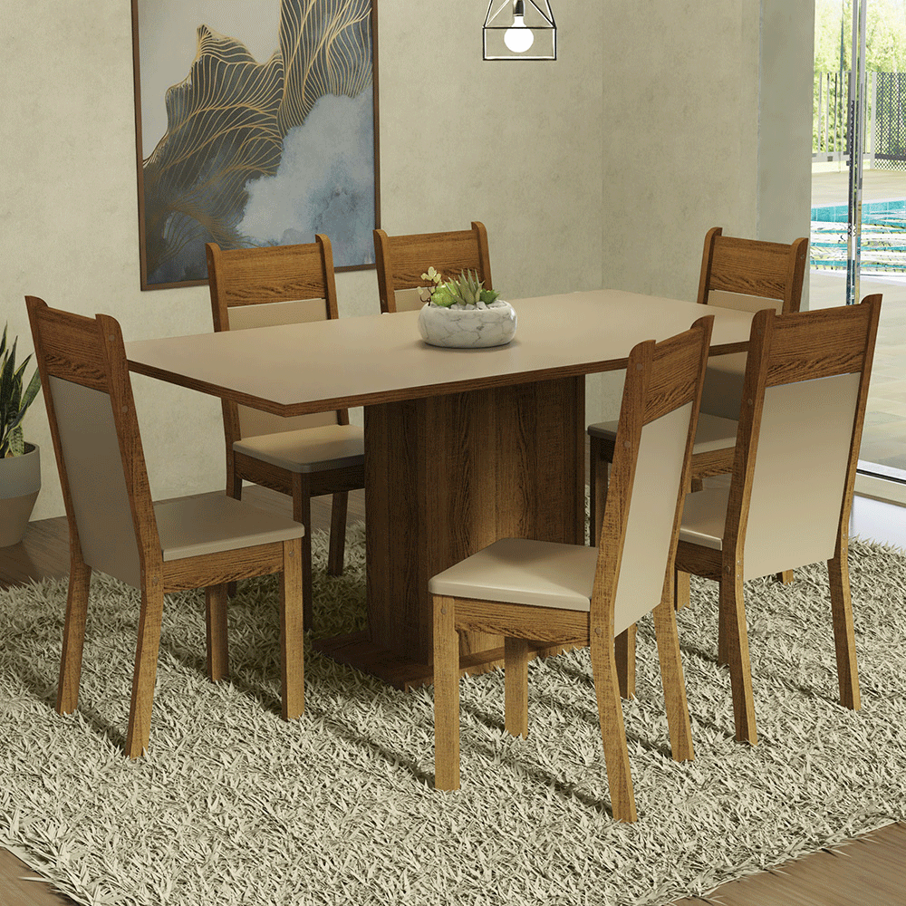 Conjunto Sala de Jantar Mesa Tampo de Madeira 6 Cadeiras Crema/Rustic/Bege Augusta Madesa