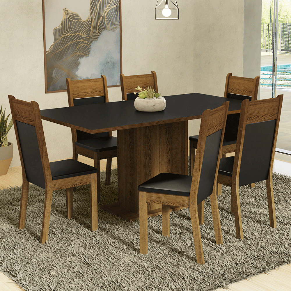 Conjunto Sala de Jantar Mesa Tampo de Madeira 6 Cadeiras Preto/Rustic Augusta Madesa