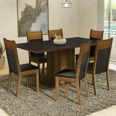 Conjunto Sala de Jantar Mesa Tampo de Madeira 6 Cadeiras Preto/Rustic Augusta Madesa