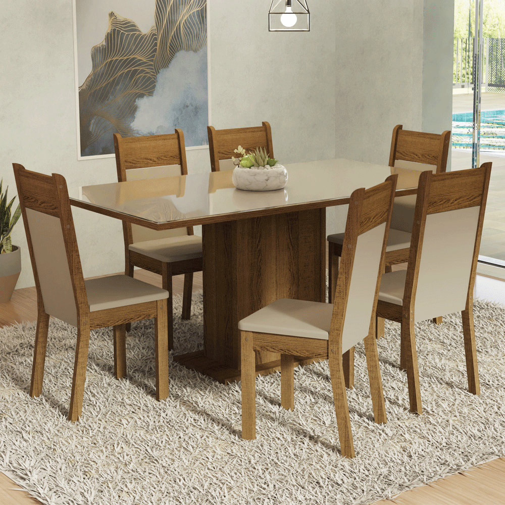 Conjunto Sala de Jantar Mesa Tampo de Vidro 6 Cadeiras Crema/Rustic/Bege Francine Madesa