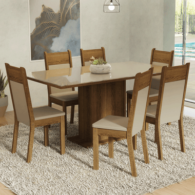 Conjunto Sala de Jantar Mesa Tampo de Vidro 6 Cadeiras Crema/Rustic/Bege Francine Madesa