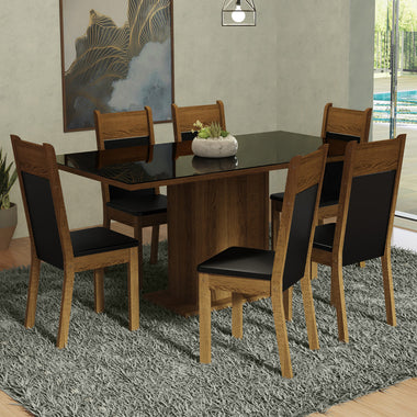 Conjunto Sala de Jantar Mesa Tampo de Vidro 6 Cadeiras Preto/Rustic Francine Madesa