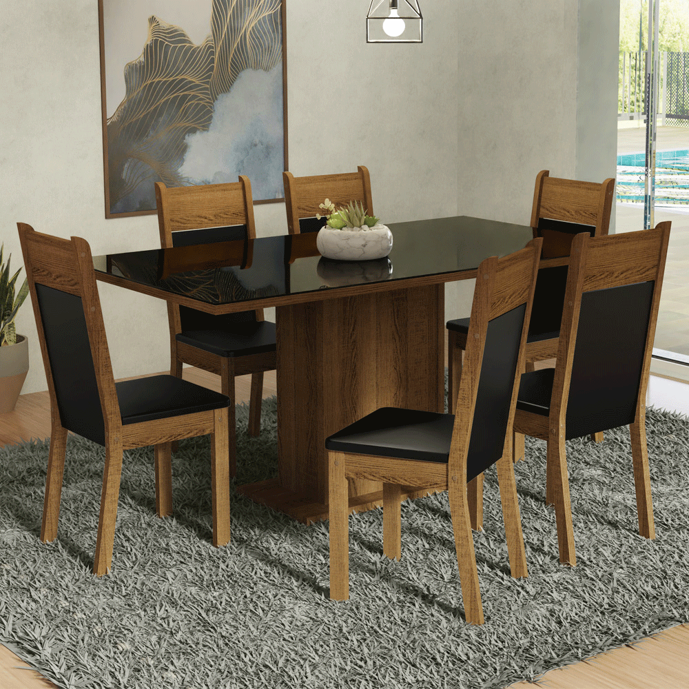 Conjunto Sala de Jantar Mesa Tampo de Vidro 6 Cadeiras Preto/Rustic Francine Madesa