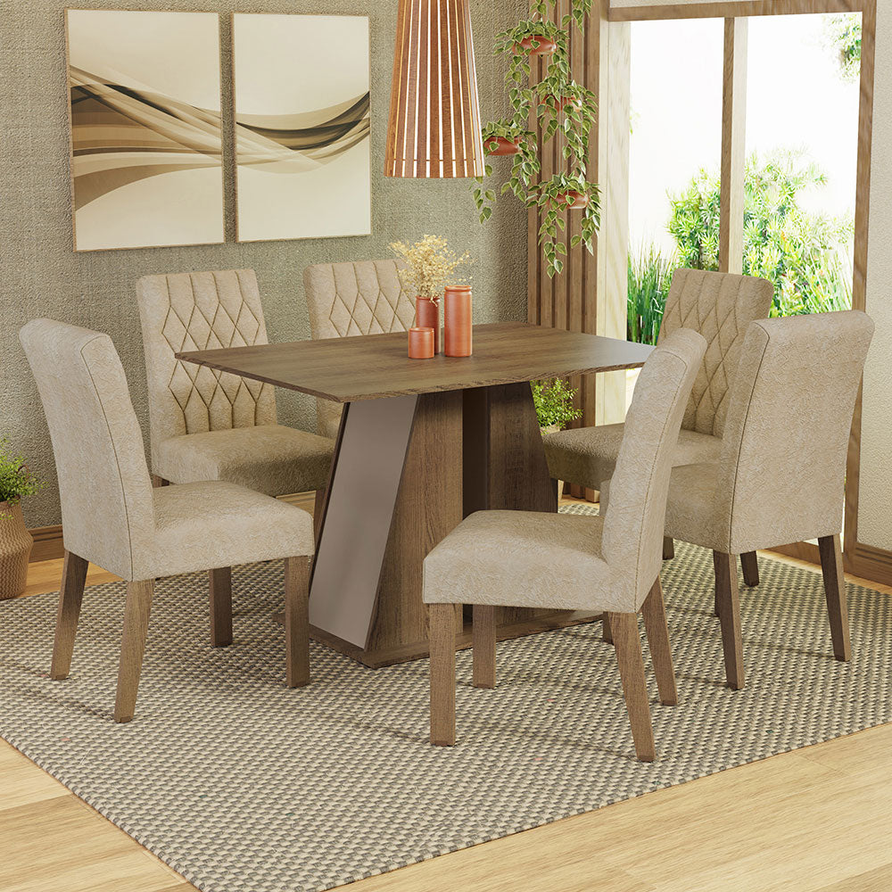 Conjunto Sala de Jantar Mesa Tampo de Madeira 6 Cadeiras Rustic/Crema/Imperial Fabiana Madesa