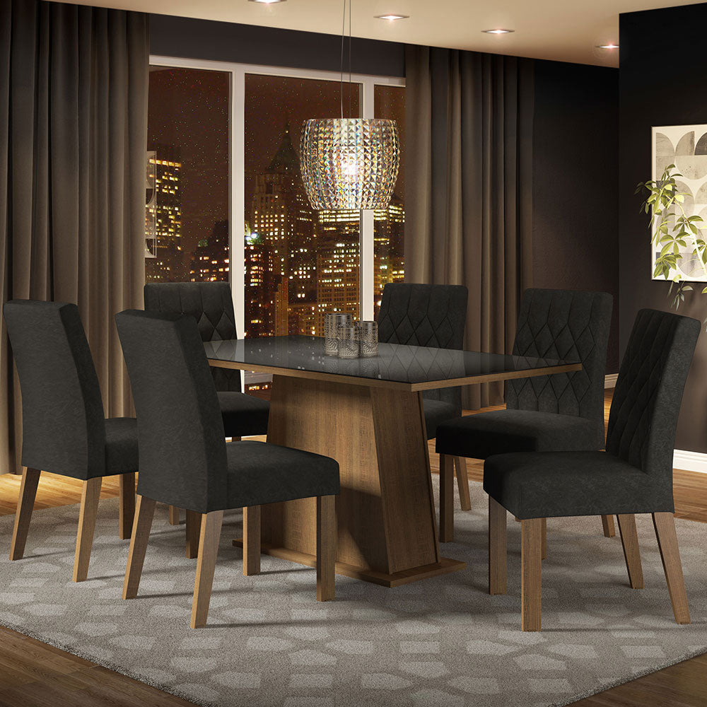 Conjunto Sala de Jantar Mesa Tampo de Vidro 6 Cadeiras Rustic/Preto/Oxford Stéfani Madesa