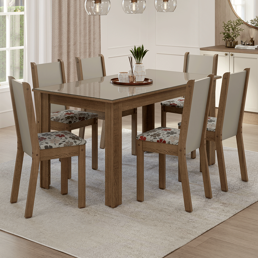 Conjunto Sala de Jantar Elóra Mesa Tampo de Vidro 6 Cadeiras Rustic/Crema/Floral Hibiscos Madesa