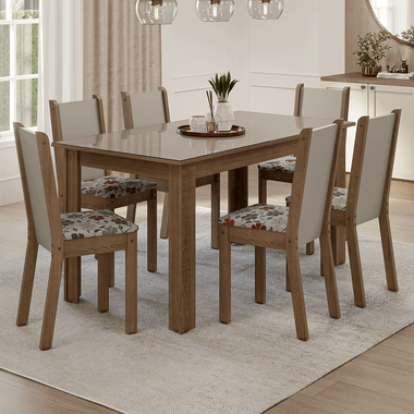 Conjunto Sala de Jantar Elóra Mesa Tampo de Vidro 6 Cadeiras Rustic/Crema/Floral Hibiscos Madesa