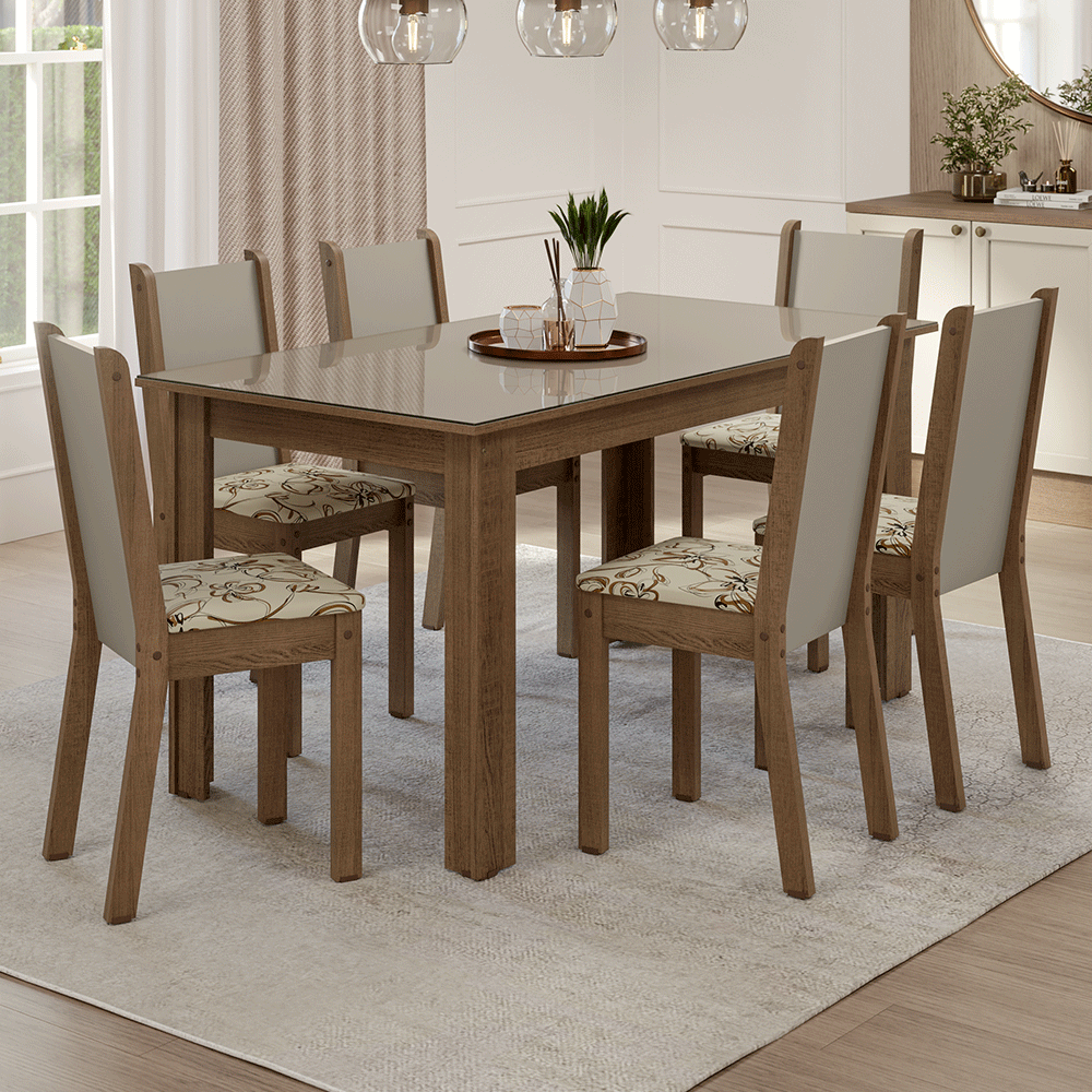 Conjunto Sala de Jantar Elóra Mesa Tampo de Vidro 6 Cadeiras Rustic/Crema/Lírio Bege Madesa