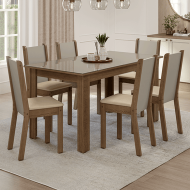Conjunto Sala de Jantar Elóra Mesa Tampo de Vidro 6 Cadeiras Rustic/Crema/Sintético Bege Madesa