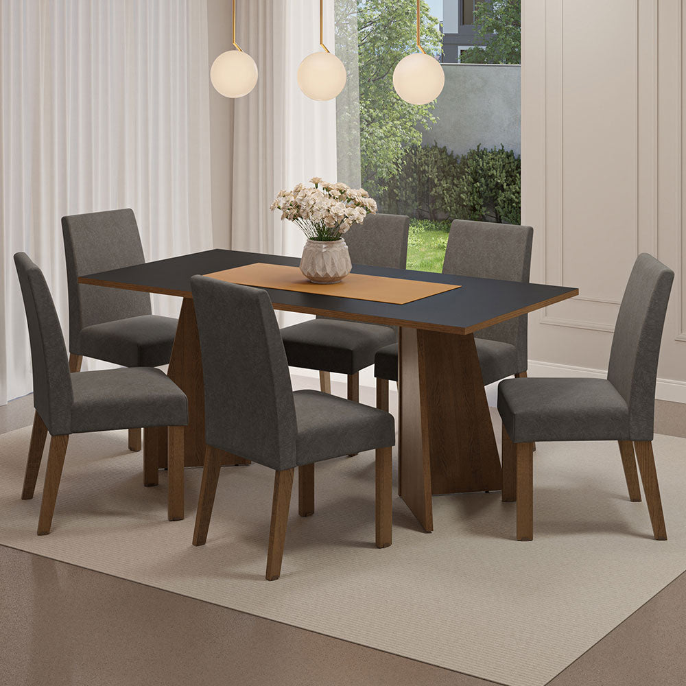 Conjunto Sala de Jantar Mesa Tampo de Madeira 6 Cadeiras Rustic/Preto/Silver Simone Madesa