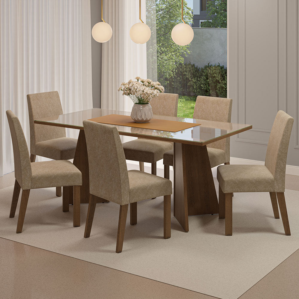Conjunto Sala de Jantar Mesa Tampo de Vidro 6 Cadeiras Rustic/Crema/Imperial Valerie Madesa