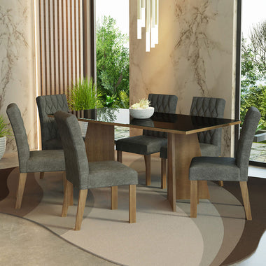 Conjunto Sala de Jantar Mesa Tampo de Vidro 6 Cadeiras Rustic/Preto/Silver Marissa Madesa