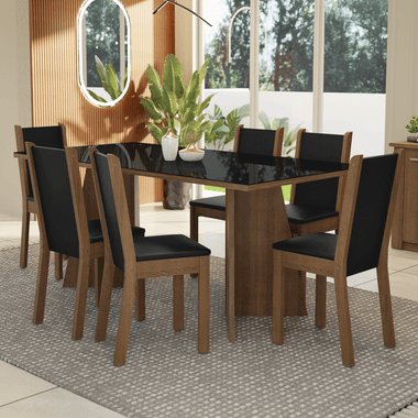 Conjunto Sala de Jantar Mesa Tampo de Vidro 6 Cadeiras Rustic/Preto Viola Madesa