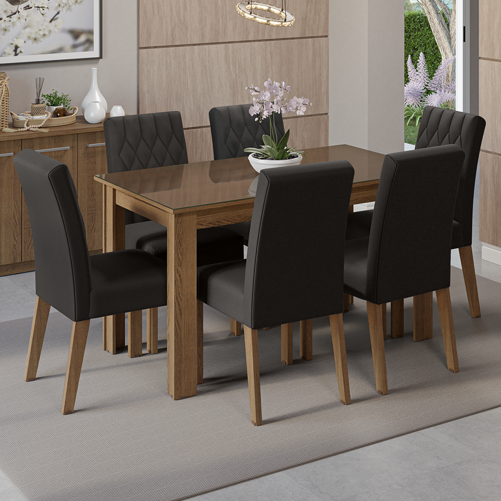 Conjunto Sala de Jantar Mesa Tampo de Vidro 6 Cadeiras Rustic/Oxford Odara Madesa