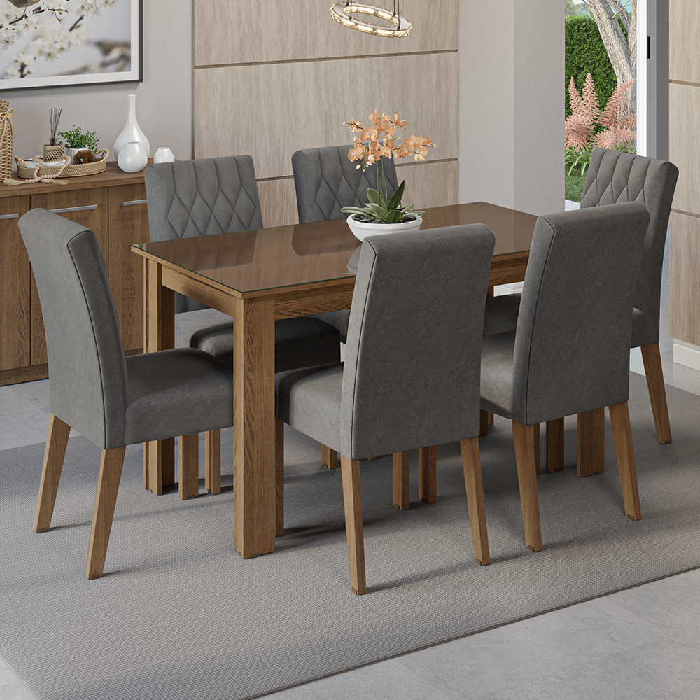 Conjunto Sala de Jantar Mesa Tampo de Vidro 6 Cadeiras Rustic/Silver Odara Madesa