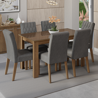 Conjunto Sala de Jantar Mesa Tampo de Vidro 6 Cadeiras Rustic/Silver Odara Madesa