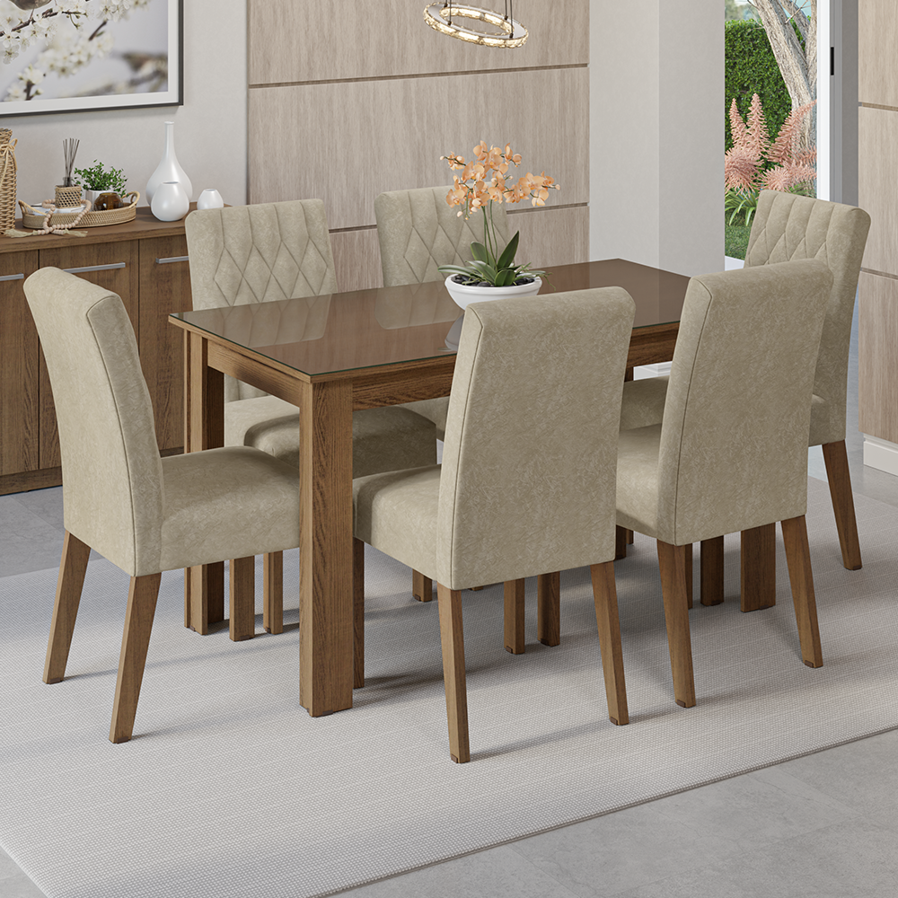Conjunto Sala de Jantar Mesa Tampo de Vidro 6 Cadeiras Rustic/Imperial Odara Madesa