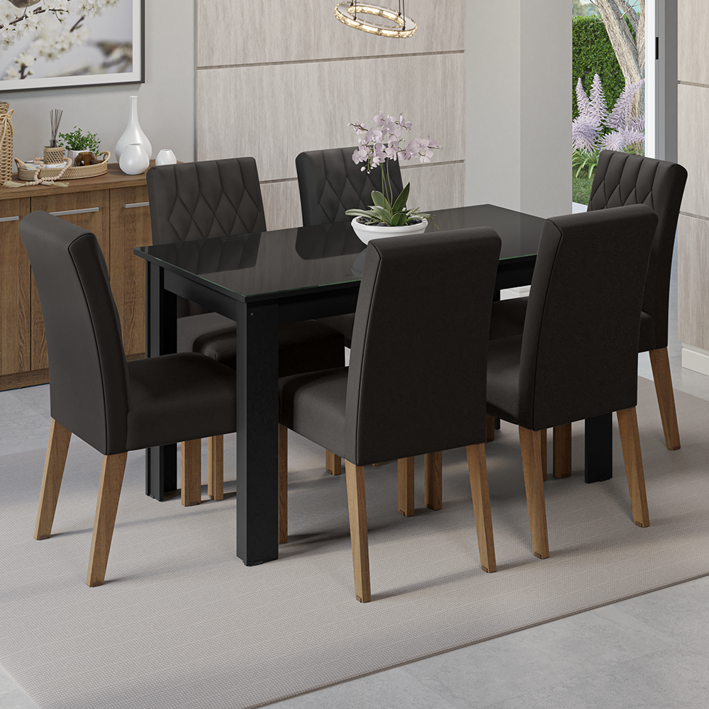 Conjunto Sala de Jantar Mesa Tampo de Vidro 6 Cadeiras Rustic/Preto/Oxford Odara Madesa