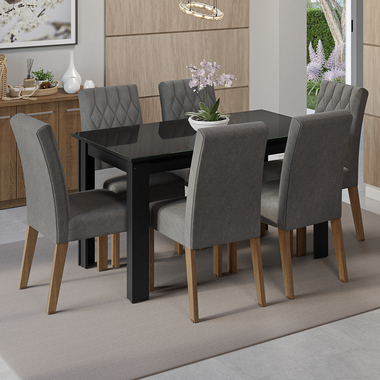 Conjunto Sala de Jantar Mesa Tampo de Vidro 6 Cadeiras Rustic/Preto/Silver Odara Madesa