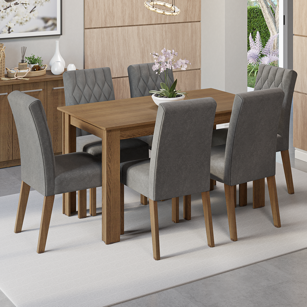 Conjunto Sala de Jantar Mesa Tampo de Madeira 6 Cadeiras Rustic/Silver Allegro Madesa