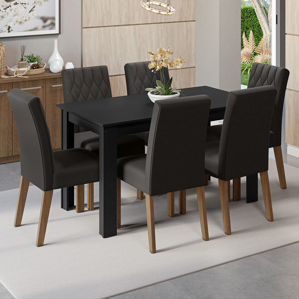 Conjunto Sala de Jantar Mesa Tampo de Madeira 6 Cadeiras Rustic/Preto/Oxford Allegro Madesa