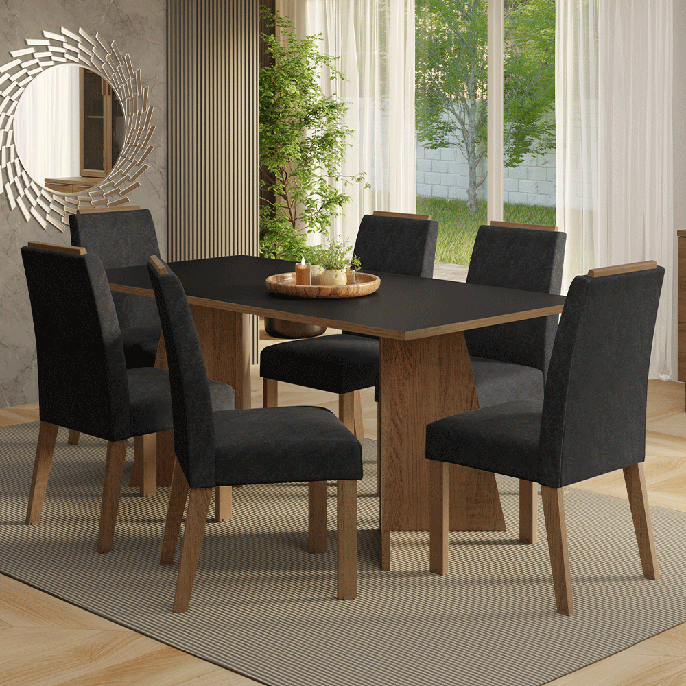 Conjunto Sala de Jantar Tampo de Madeira 6 Cadeiras Rustic/Preto/Oxford Minsk Madesa