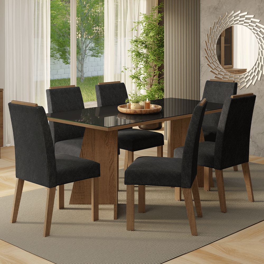 Conjunto Sala de Jantar Tampo de Vidro 6 Cadeiras Rustic/Preto/Oxford Amalfi Madesa