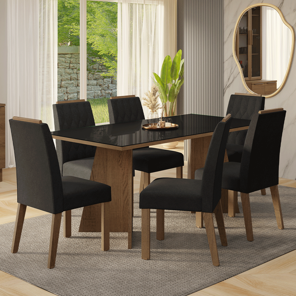 Conjunto Sala de Jantar Tampo de Vidro 6 Cadeiras Rustic/Preto/Oxford Siena Madesa