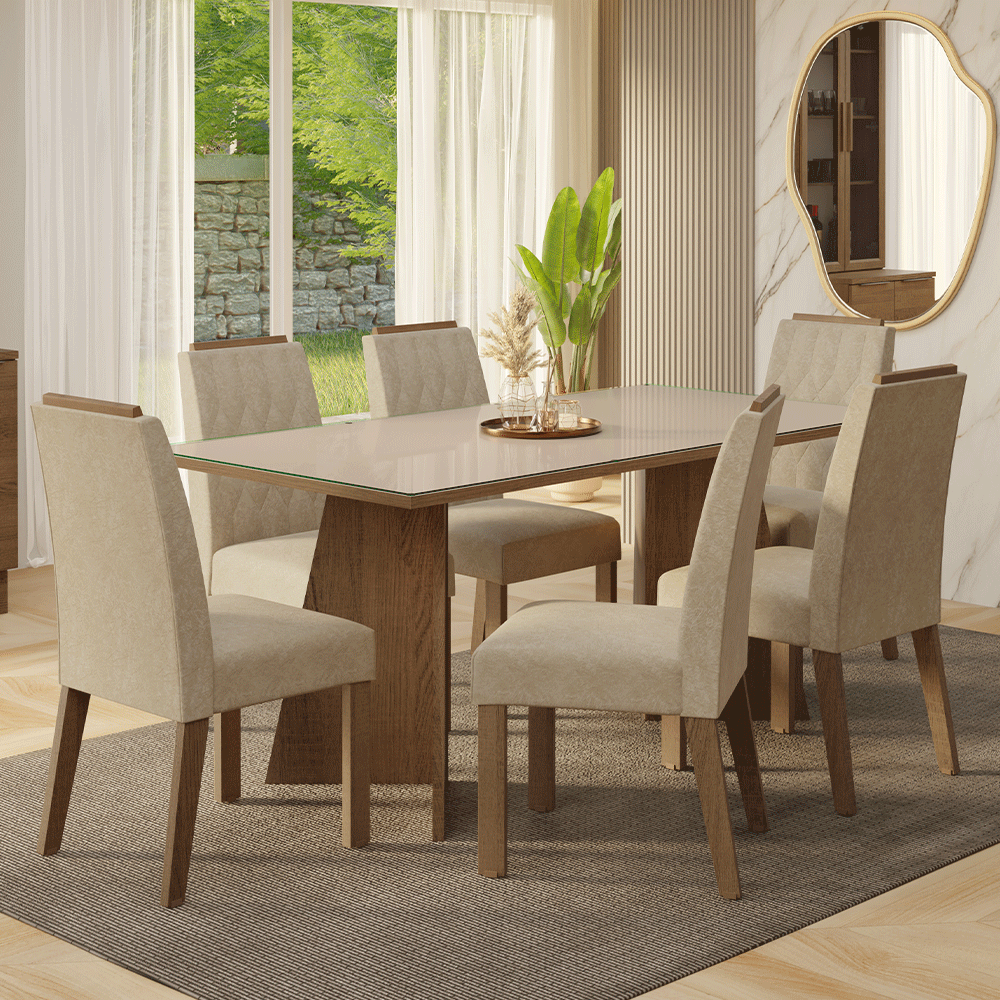 Conjunto Sala de Jantar Tampo de Vidro 6 Cadeiras Rustic/Crema/Imperial Siena Madesa