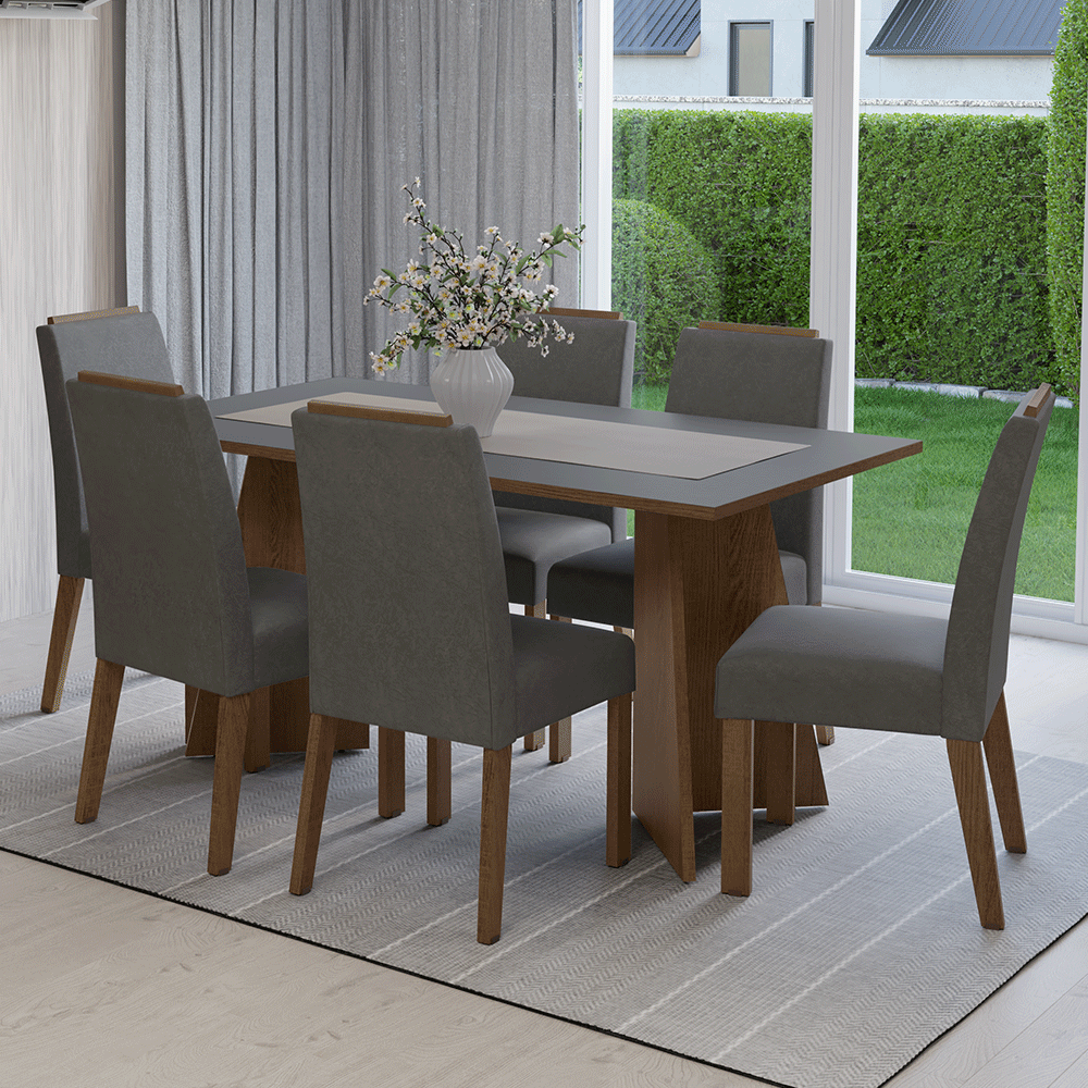 Conjunto Sala de Jantar Tampo de Madeira 6 Cadeiras Rustic/Cinza/Silver Soho Madesa