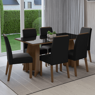 Conjunto Sala de Jantar Tampo de Vidro 6 Cadeiras Rustic/Preto/Oxford Madrid Madesa