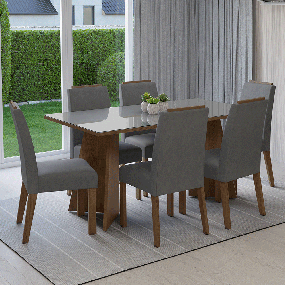 Conjunto Sala de Jantar Tampo de Vidro 6 Cadeiras Rustic/Cinza/Silver Madrid Madesa