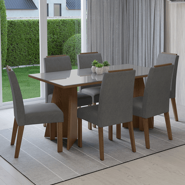 Conjunto Sala de Jantar Tampo de Vidro 6 Cadeiras Rustic/Cinza/Silver Madrid Madesa
