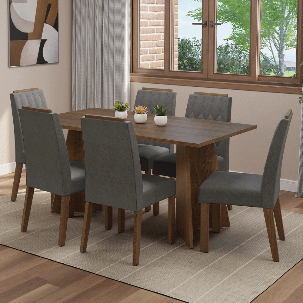 Conjunto Sala de Jantar Tampo de Madeira 6 Cadeiras Rustic/Silver Leon Madesa