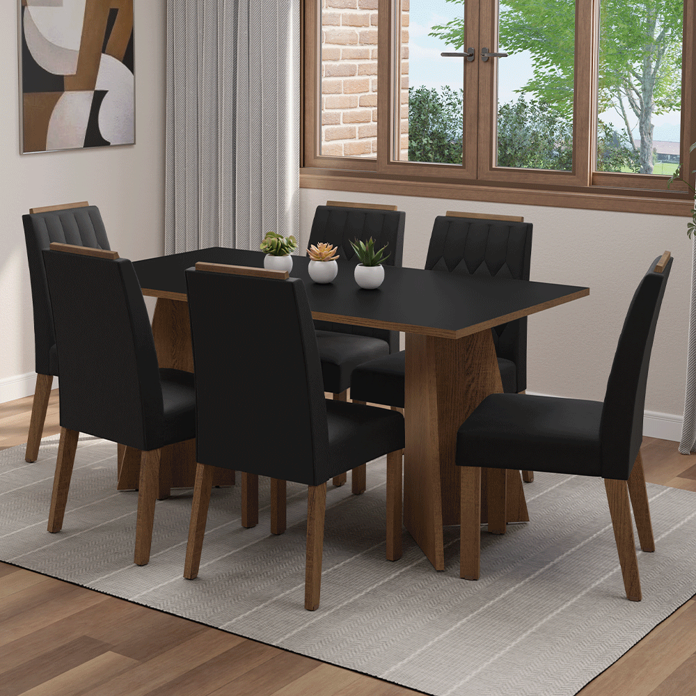 Conjunto Sala de Jantar Tampo de Madeira 6 Cadeiras Rustic/Preto/Oxford Leon Madesa